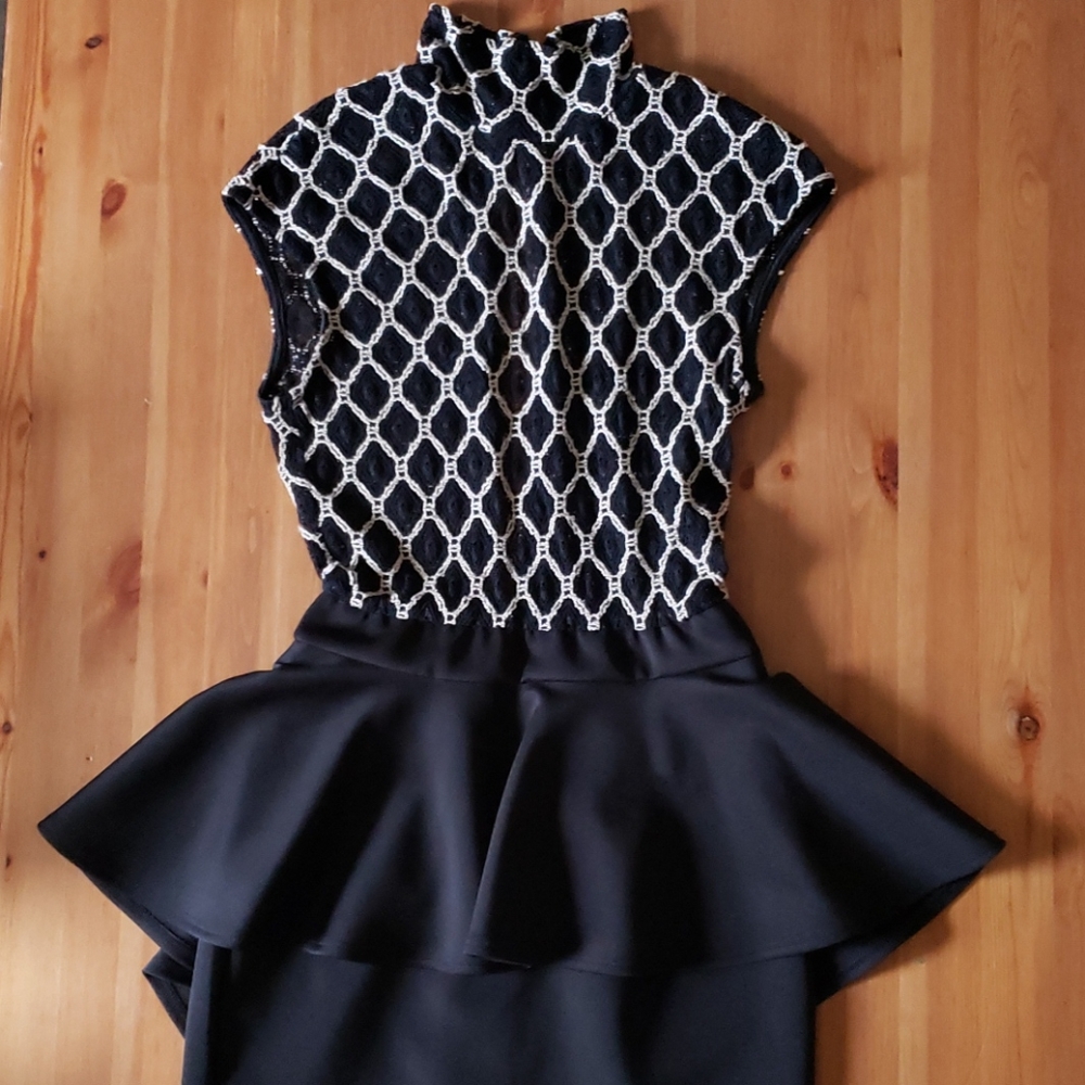 Black & Beige Turtleneck Lace Peplum Mini Dress